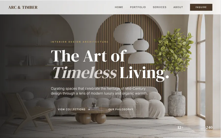 Arc & Timber interior design website built with Kode